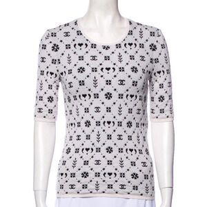 Chanel 19K Coco Neige Black White Wool CC Logo Top Short Sleeve Tee T Shirt 40